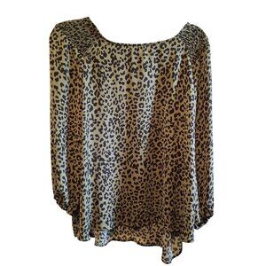 Leopard Print Womens 2X  Blouse With Smocked Shoulders & Elastic Cuffs Lightweig